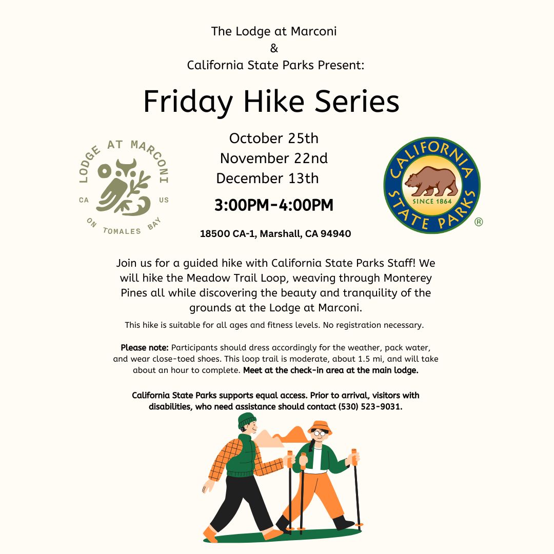 Flyer for Free Friday Hikes at Marconi SHP