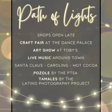 Path of Lights returns to Point Reyes Station Friday December 6th at 4 PM. Luminarias lead to shops and restaurants. Enjoy music, selfies with Santa, and hot cocoa. Drop off an unwrapped toy at various locations. Dance Palace Crafts Fair opens with Children's Choirs, tree lighting and West Marin School PTSA Pozole.  Organized by Gallery Route One, the Dance Palace and Rotary Club West Marin