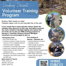 Flyer shows information about Duxbury Docent training dates, program requirements, topics, and registration information