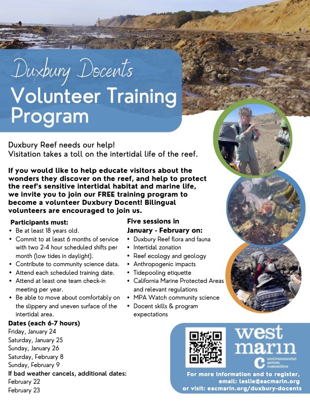 Flyer shows information about Duxbury Docent training dates, program requirements, topics, and registration information