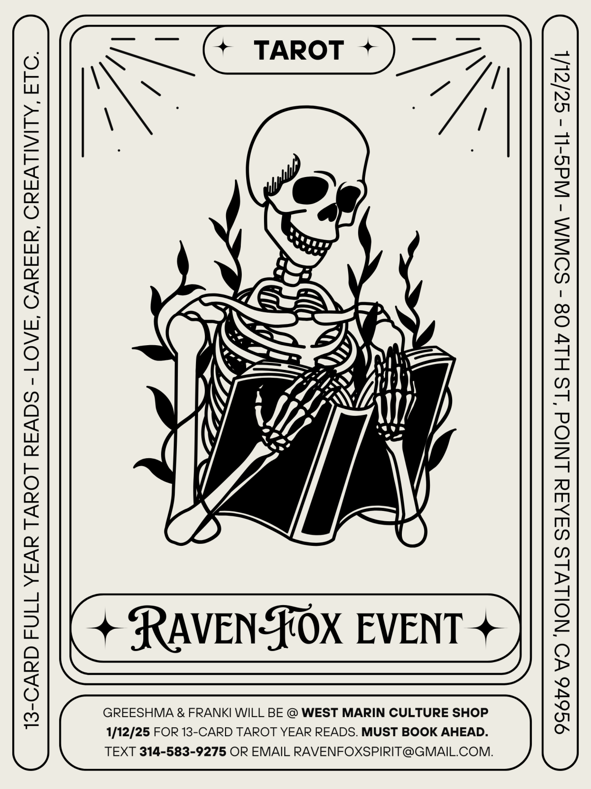 poster with skeleton reading for tarot event